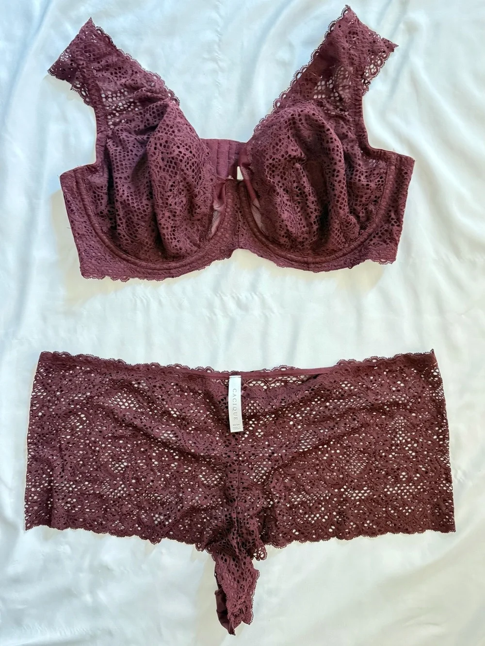 Cacique Burgundy Lace Underwire Bra & Lace Boyshorts Set